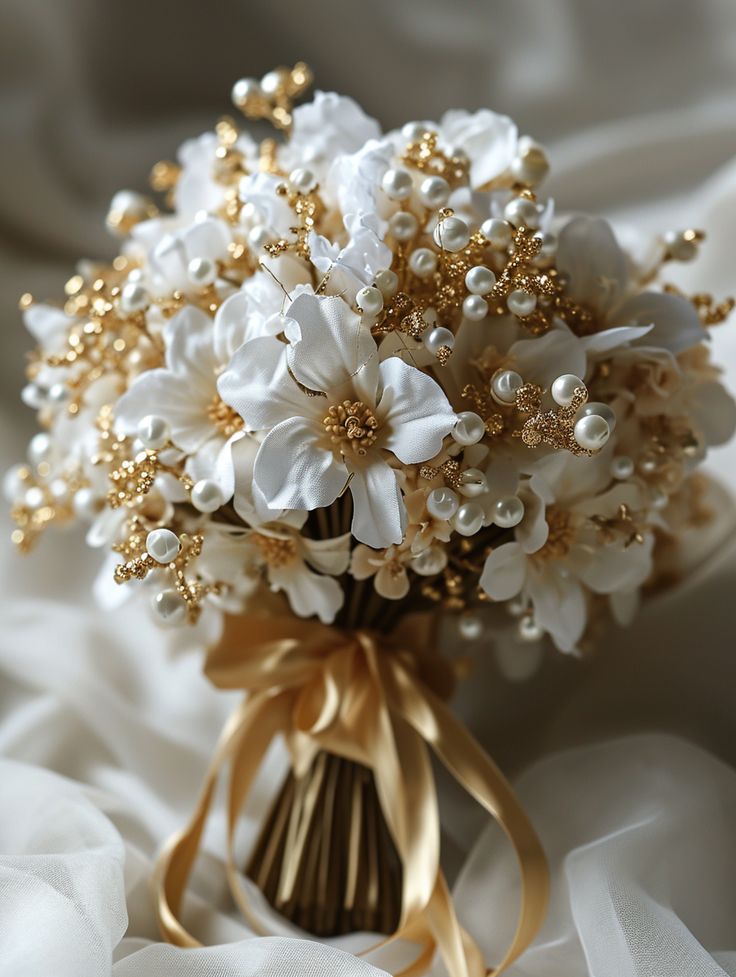 a bridal bouquet with white flowers and pearls on it sitting on a bed sheet