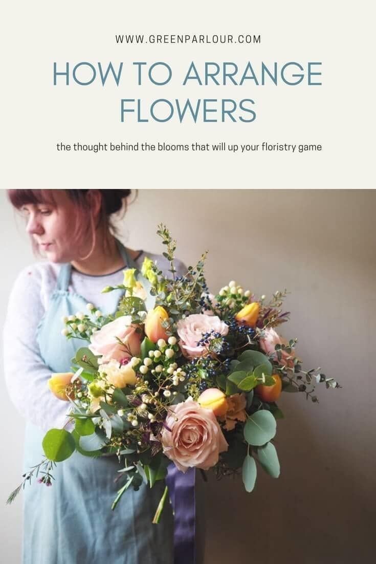 a woman holding a bouquet of flowers with the title how to arrange flowers