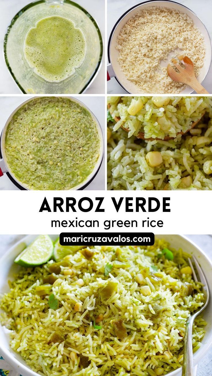 A collage with 5 photos of Mexican Arroz Verde preparation and text overlay. Green Rice Recipe, Spanish Rice Recipe, Chicken Crockpot Recipes Easy, Green Rice, Poblano Peppers, Veggie Snacks, Mexican Rice, Hispanic Food, Spanish Rice