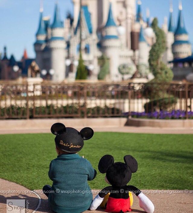 two mickey mouse dolls sitting on the ground in front of a castle with its turrets