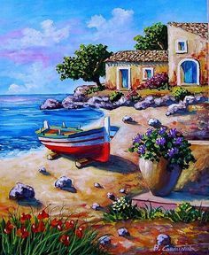 a painting of a boat on the beach with flowers in front of an old house