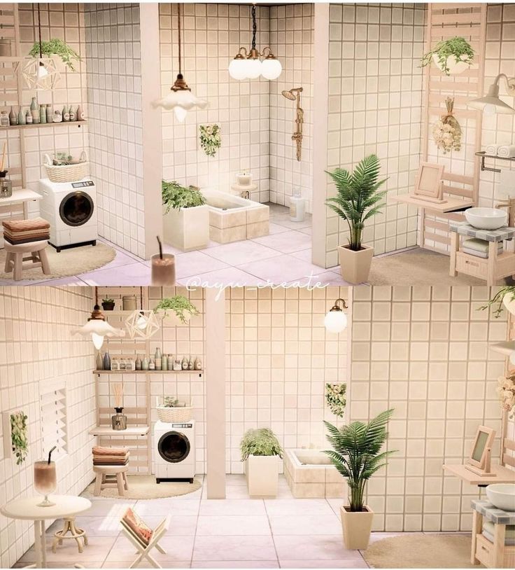 four different views of a room with furniture and plants on the walls, including a washing machine