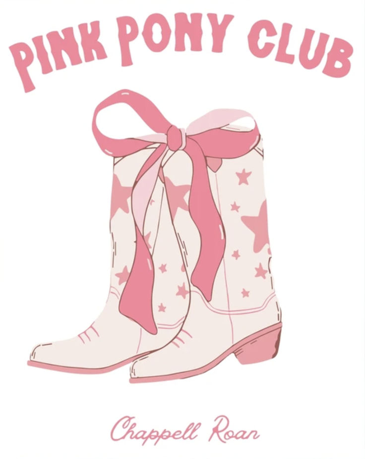 the pink pony club logo is shown with boots and stars on it, as well as an