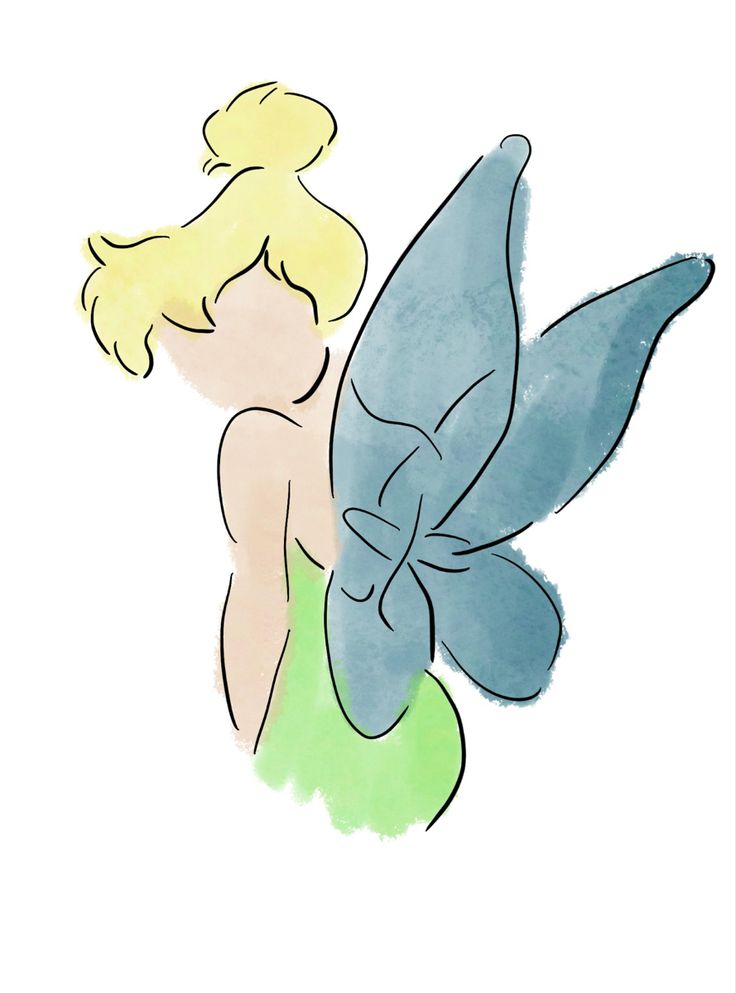 a drawing of a woman with a butterfly wings on her back, in blue and green