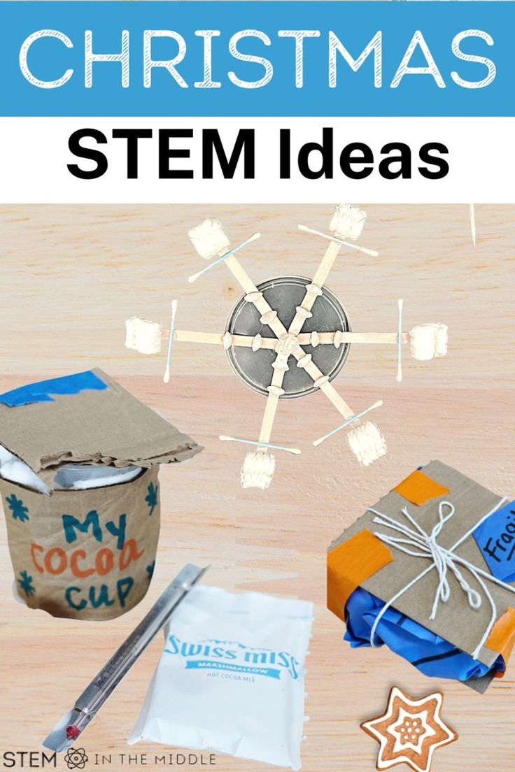 This image shows several winter-themed DIY projects, including a snowflake, a cocoa cup, and a package. The text reads "Christmas STEM Ideas." Stem Activities For High School Students, Winter Stem Activities Middle School, Christmas Stem Activities Middle School, Stem For Middle School, Christmas Stem Activities Elementary, December Stem Activities, Christmas Steam Activities, Stem Challenges Middle School, Stem Project Ideas