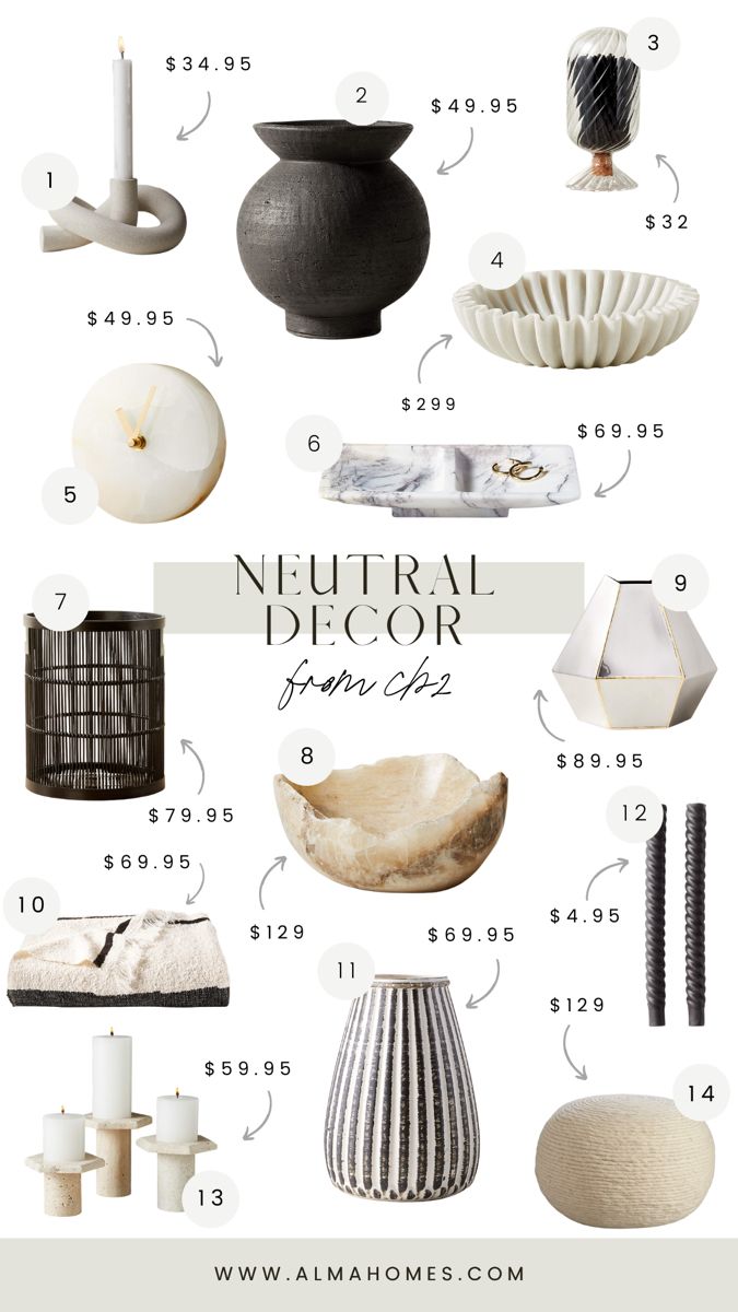 Tan, black and white decor pieces including a tray, match holder, vases, a pouf, a clock, a pair of candles, a blanket, a trash can, a bowl, and candle holders. Japandi Mantle Decor, Japandi Decor Accessories, Cb2 Decor, Alma Homes, Modern Glam Decor, Modern Objects, Interior Design Accessories, Japandi Home Decor, Japandi Home