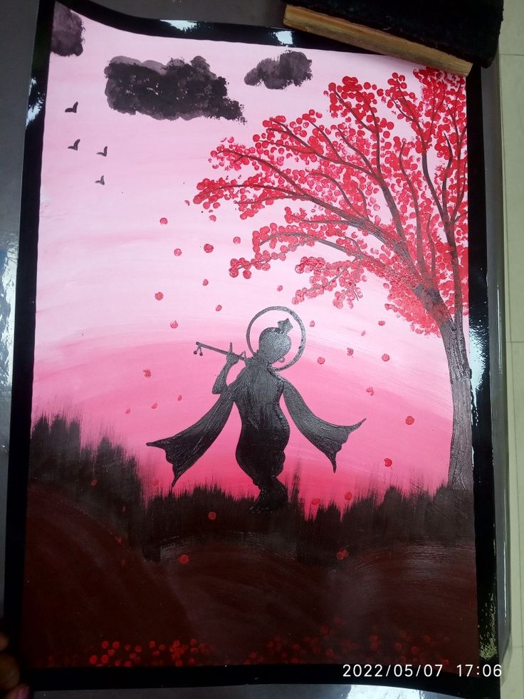 a painting of a person holding a flute in front of a tree with red leaves