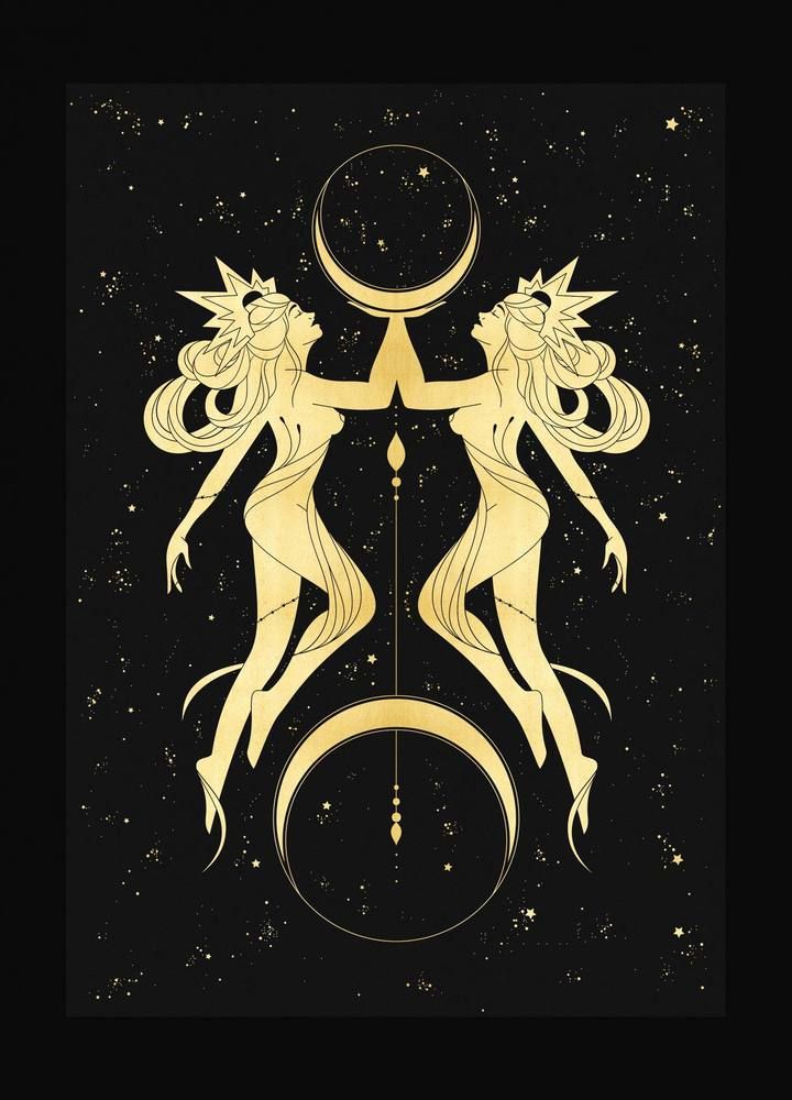 two women standing next to each other on top of a black background with stars and the moon