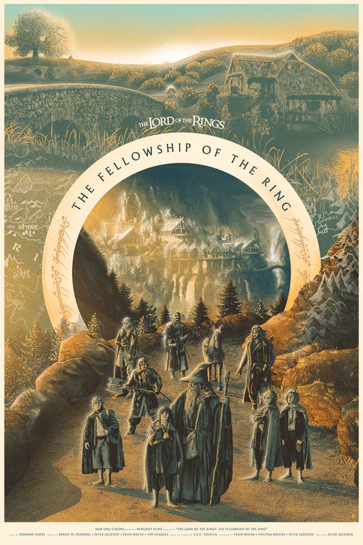 the fellowship of the ring movie poster with an image of people walking down a road