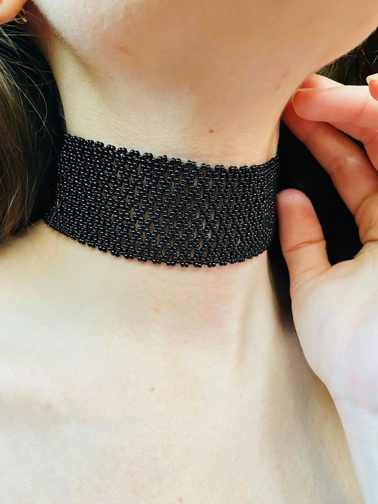 Wide Seed Bead Black Choker Necklace for Women Sexy Choker - Etsy Gothic Choker, Goth Choker, Gothic Chokers, Beading Netting, Black Choker Necklace, Beaded Cuff, Black Choker, Beaded Choker Necklace, Choker Collar