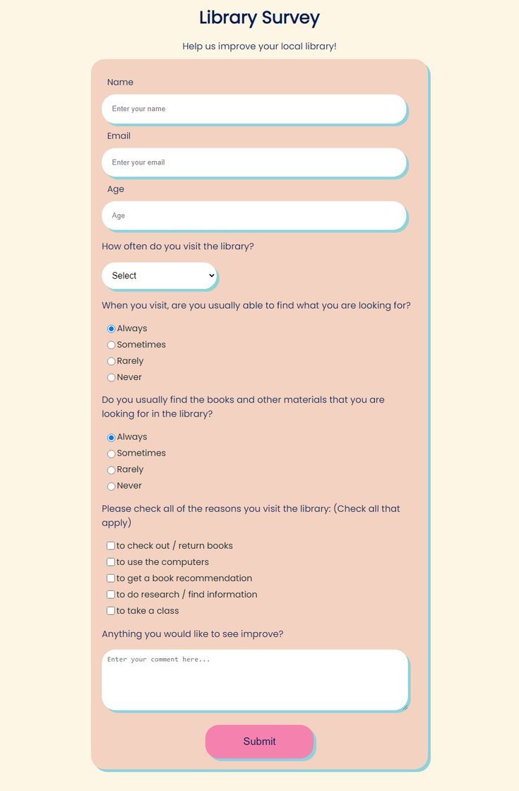 the library survey screen is shown in pink and blue