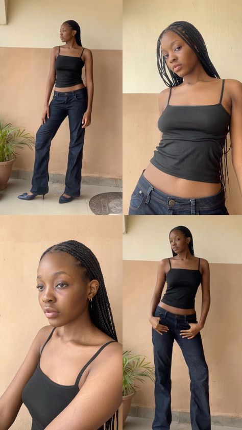 four photos of a woman in black top and jeans