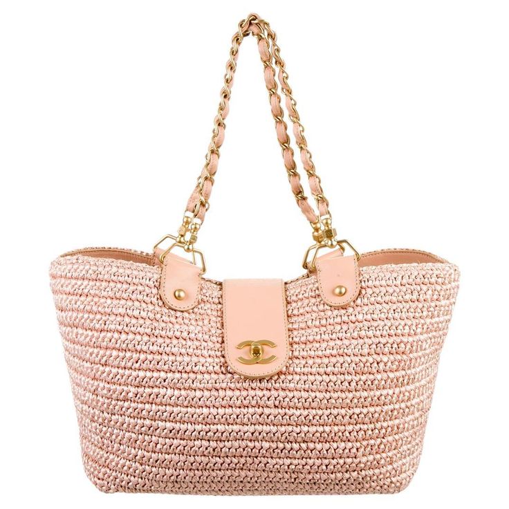 Chanel 2005 Rare Vintage Raffia Woven Pink Straw and Leather Basket Tote Bag Leather Basket, Beach Quilt, Brushed Gold Hardware, Vintage Chanel Bag, Beach Towel Set, Chanel Suit, Chanel Brand, Basket Tote, Red Tote