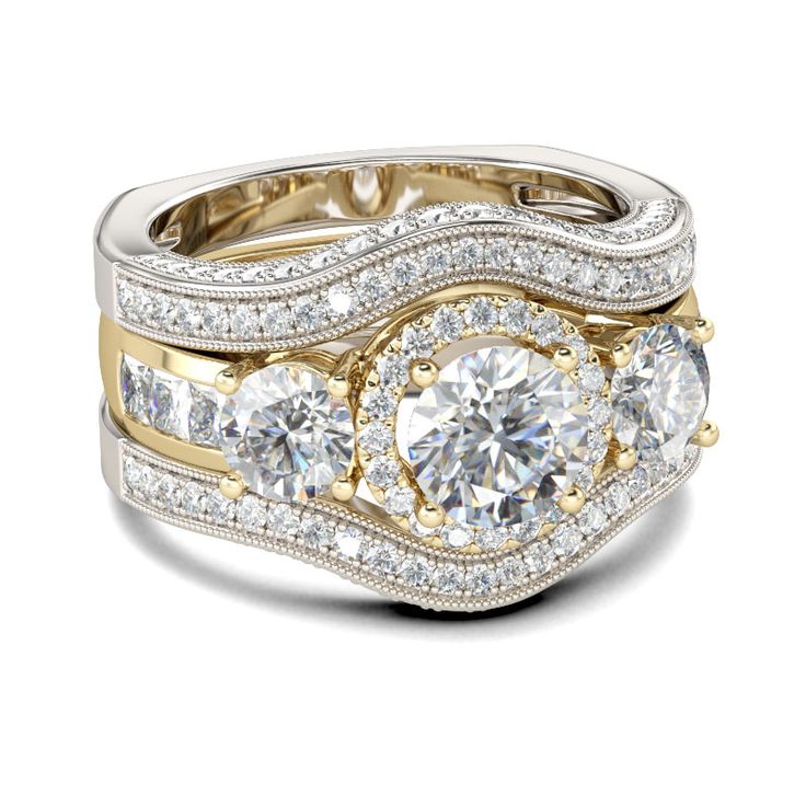 two tone gold and diamond wedding ring set with round cut diamonds in the center, on a white background