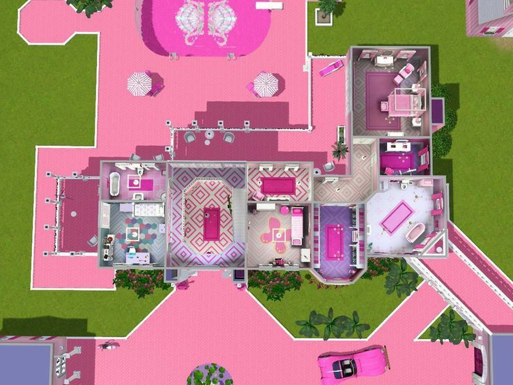 an aerial view of a pink house with lots of furniture and decorations on the floor