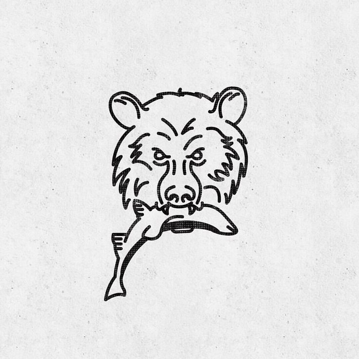 a black and white drawing of a bear with a knife in it's mouth