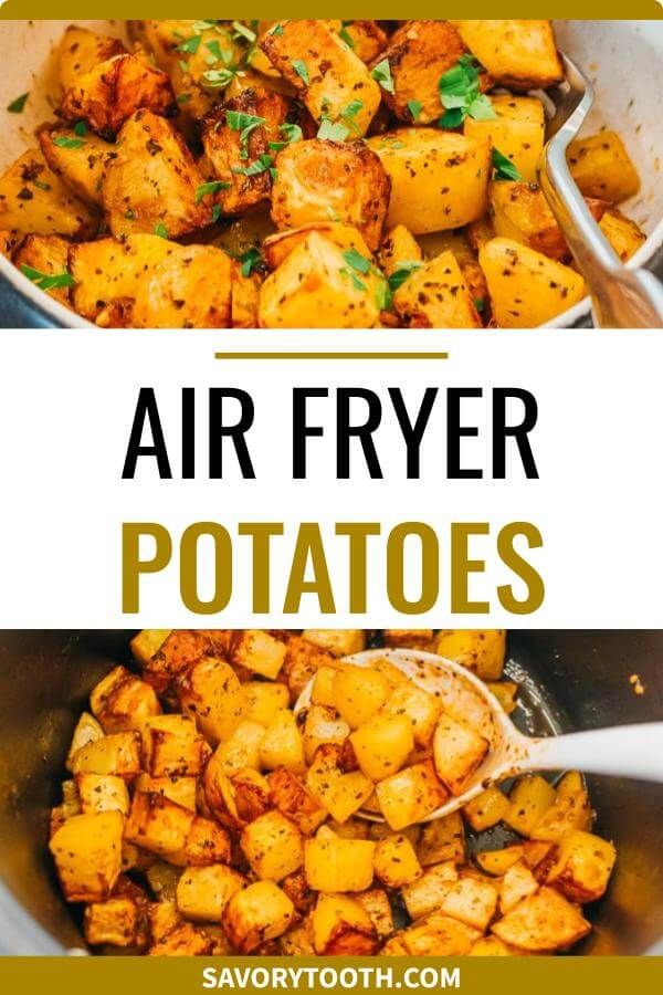 air fryer potatoes in a pan with text overlay