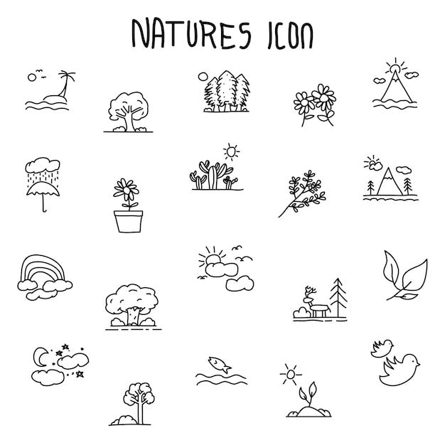 the nature icon set includes trees, plants and other things that are drawn in black ink