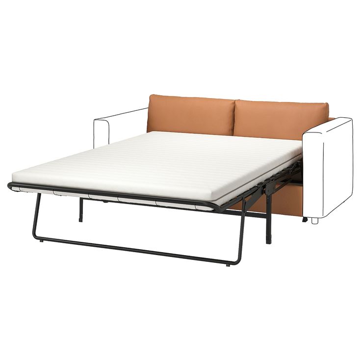 a couch with a pull out bed frame and mattress on it's back end