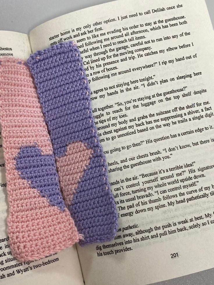 two crocheted bookmarks sitting on top of an open book