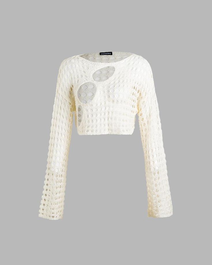 Model (WearingXS):• Height: 171cm | Bust: 83cm | Waist: 59cm | Hips: 89cmDetails: Long-sleeve crochet top with see-through design andround cut-outsTop Length: CroppedSleeve Length: Long SleevesMaterials:100% Acrylic Spring Long Sleeve Hollow Out Crop Top, Long Sleeve Hollow Out Crop Top For Spring, Spring Long Sleeve Hollow Out Sweater, Pointelle Knit Lace Top With Long Sleeves, Chic Long Sleeve Pointelle Knit Crop Top, Cropped Textured Knit Crochet Top, Spring Hollow Out Crew Neck Sweater, Spring Crew Neck Sweater With Hollow Out Design, Hollow Out Knit Sweater For Spring