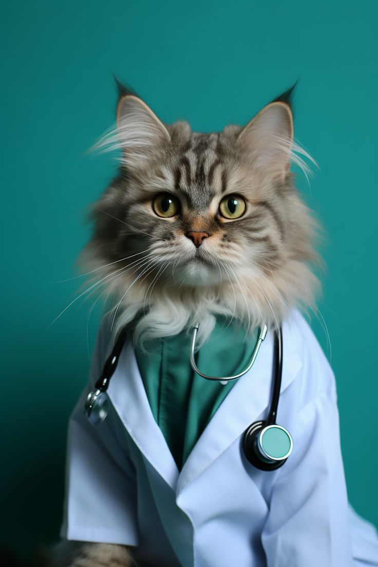 portrait photography of a grey cat dressed as a doctor, green background. Vet Pictures, Doctor Cat, Science Cat, Nurse Cat, Cat Profile, Cat Exercise, Ninja Cats, Top Cat, Cat Cuddle