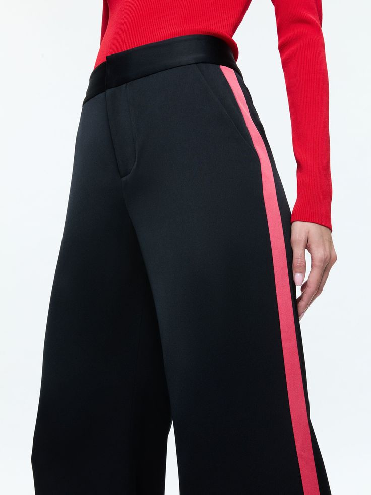 Dylan High Rise Wide Leg Pant With Racing Stripe Detail In Black/bright Ruby Racing Stripes, Wide Leg Pant, Side Stripe, Guinea Bissau, Mozambique, Alice Olivia, Brunei, Black Pants, Wide Leg Pants