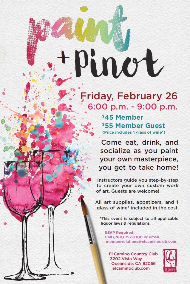 the paint and pinot flyer is shown with a drawing of two glasses filled with liquid