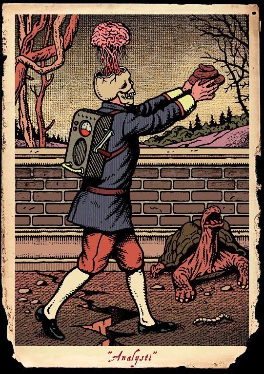 an illustration of a man with a backpack on his back walking past a dead animal