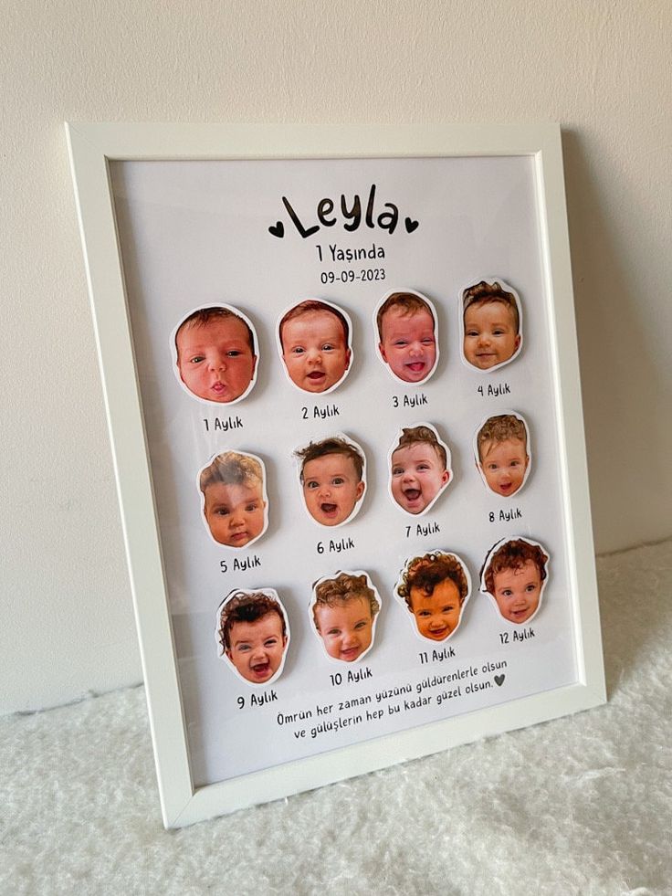 a white framed photo with baby's faces and names on it, in front of a wall