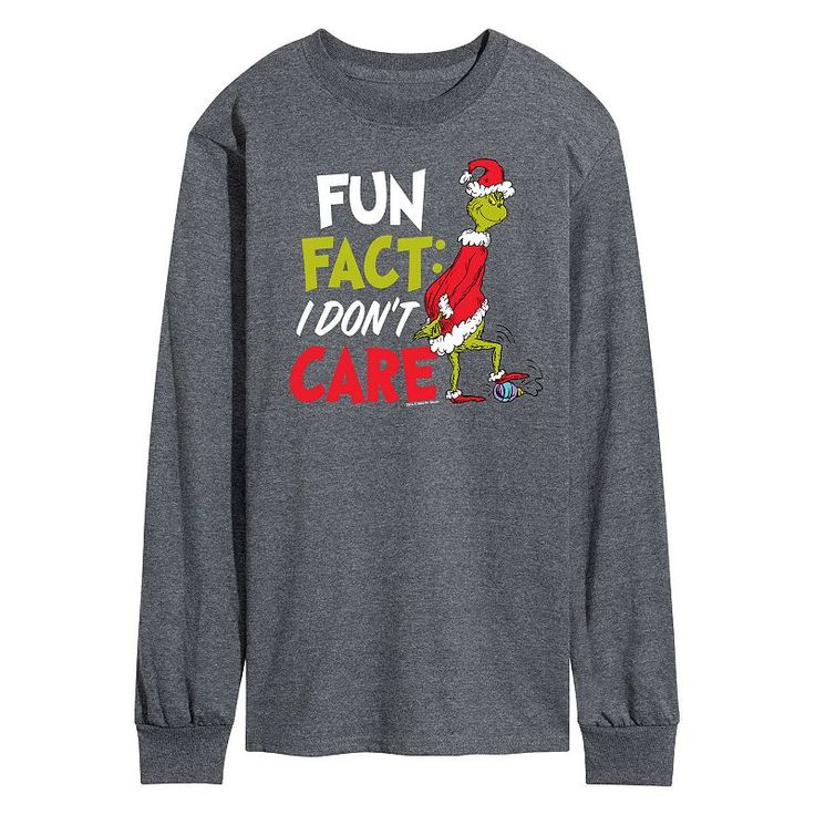 Keep the Grinch spirit alive with this funny Dr. Seuss Grinch Fun Fact long sleeve graphic tee. Keep the Grinch spirit alive with this funny Dr. Seuss Grinch Fun Fact long sleeve graphic tee. Crewneck Long sleevesFABRIC & CARE Cotton, polyester Machine wash Imported Color: Dark Grey. Gender: male. Age Group: adult. Grinch Stuff, Personalized Christmas Shirts, Dr Seuss Grinch, Long Sleeve Graphic Tee, The Grinch, Christmas Tees, Dr Seuss, Fun Fact, Christmas Shirt