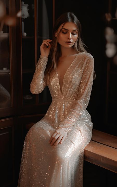 a woman sitting on top of a wooden bench wearing a long sleeved white dress