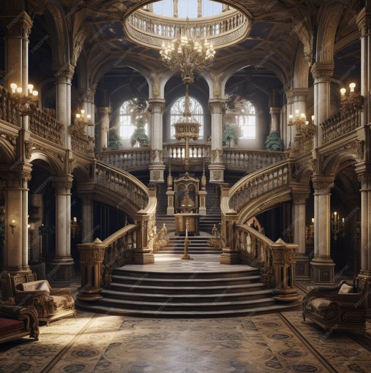 an ornate building with stairs and chandelier