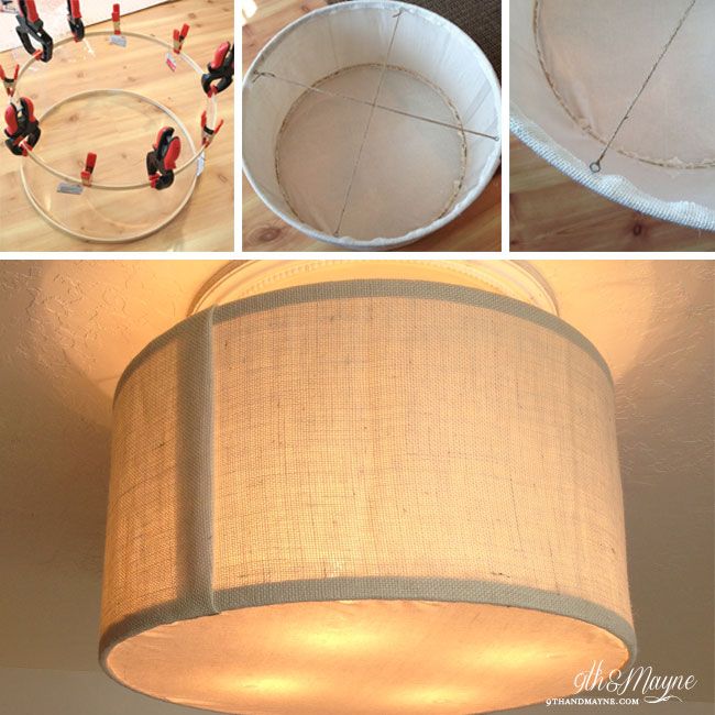 four pictures showing how to make a chandelier with fabric lampshade and wire