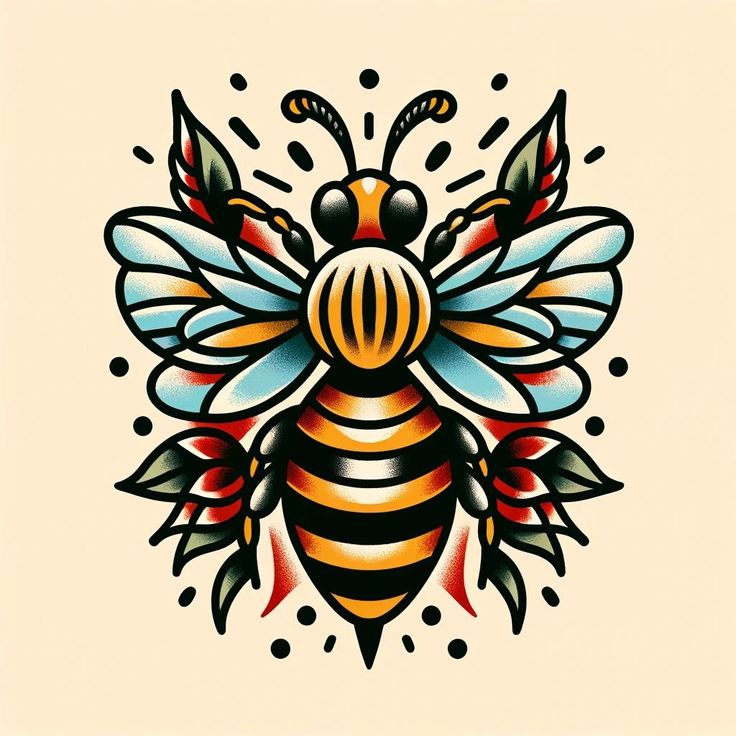 a drawing of a bee with leaves and dots on it's back side is shown