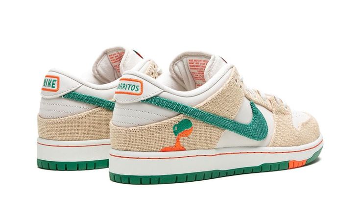 The Jarritos x Nike SB Dunk Low “Phantom” is a collaboration by the Mexican soda company on the iconic skate shoe.  One of several colorways of the SB Dunk Low co-designed by Jarritos and Nike SB, the “Phantom” features a white leather base with contrasting tan hem overlays that can be worn away to feature an underlying orange suede layer.  A Jarritos logo appears on the lateral side of the heel and a green hemp Swoosh is found on the mid-panel.  Dual Jarritos and Nike SB branding appears on the tongue.  The shoe comes with orange and green laces.  Release date: March 1, 2023 Mexican Soda, Adidas Sl 72, Nike X Travis Scott, Mexican Drinks, Low Air Jordan 1, Baby Nike, Nike Swoosh Logo, Nike Sb Dunk Low, Adidas Spezial