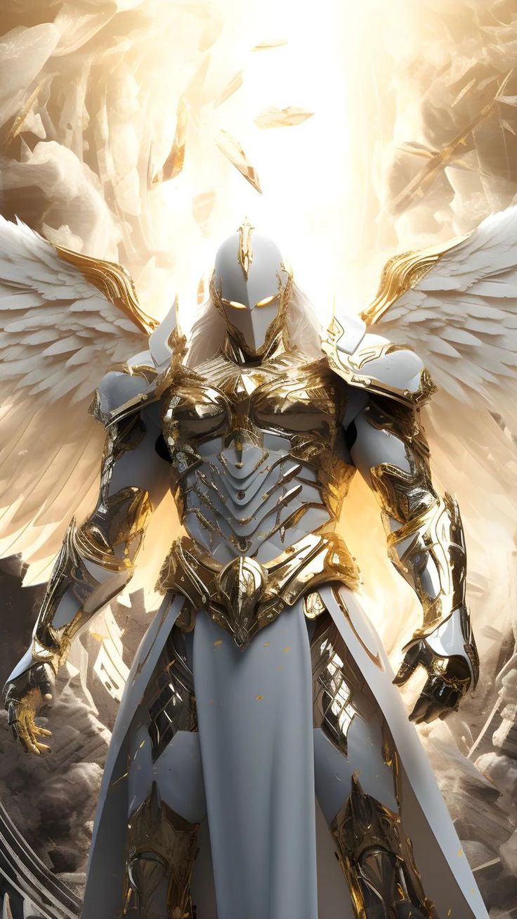 a white and gold angel standing in front of clouds