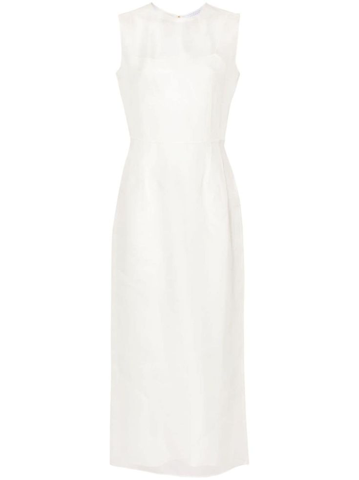 ivory white silk organza semi-sheer construction crew neck sleeveless fitted waistline straight hem mid-length internal slip pocket concealed rear zip fastening Elegant White Silk Sleeveless Dress, Fitted Sleeveless Silk Dress In White, Classic White Silk Midi Dress, Chic White Organza Midi Dress, Classic White Sleeveless Evening Dress, Elegant White Sleeveless Dress With Straight Neckline, Luxury Organza Midi-length Dress, White Sleeveless Dress With Fitted Bodice, Midi Length, Luxury White Organza Midi Dress