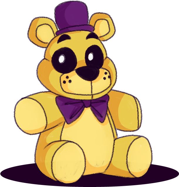 a yellow teddy bear with a purple hat and bow tie sitting down on the ground