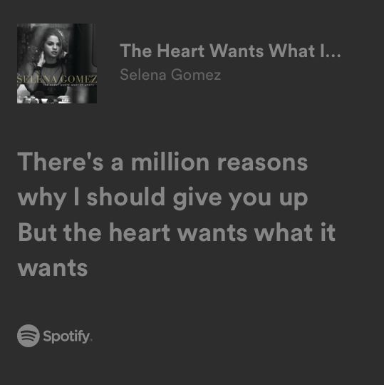 the heart wants what i see, and there's a million reasons why i should give you up but the heart wants what it wants