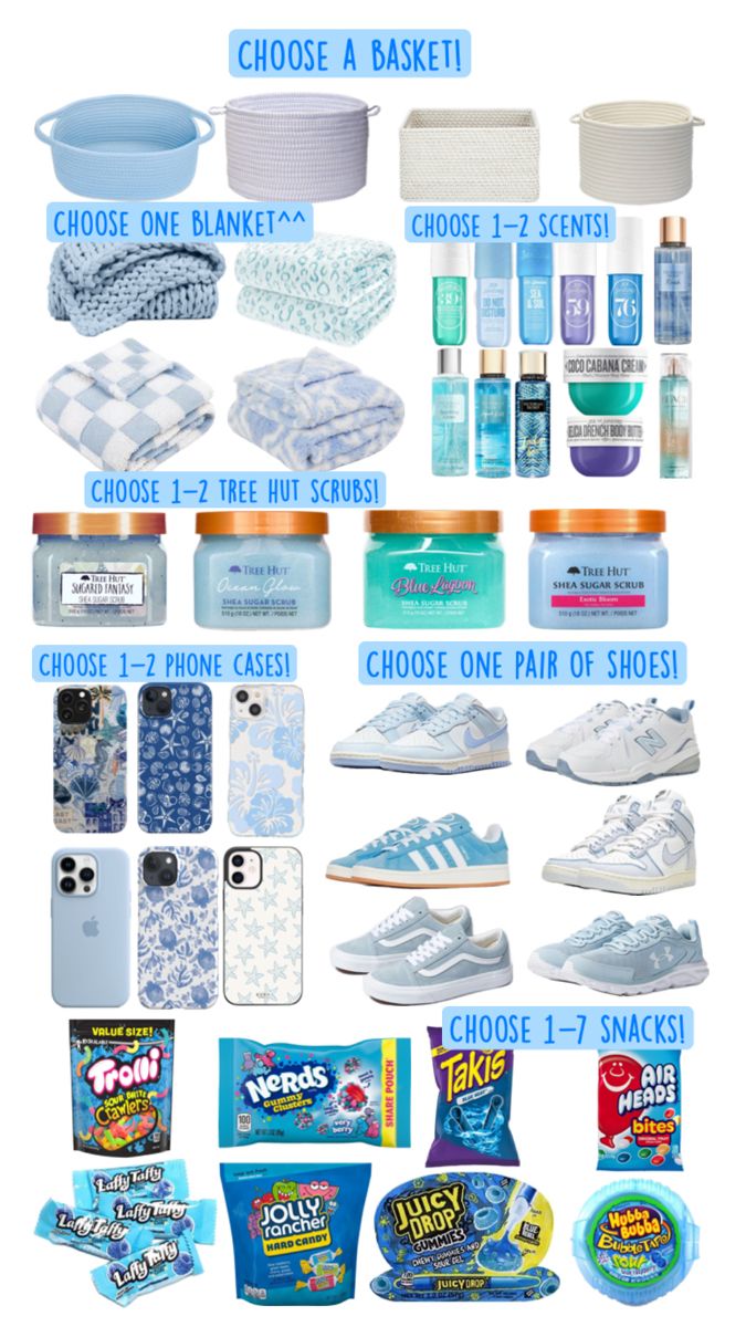 various items that are labeled in blue and white