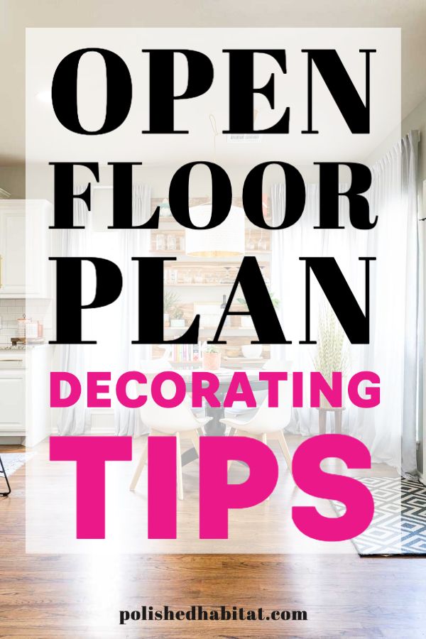 an open floor plan with the words decorating tips in black and pink on it