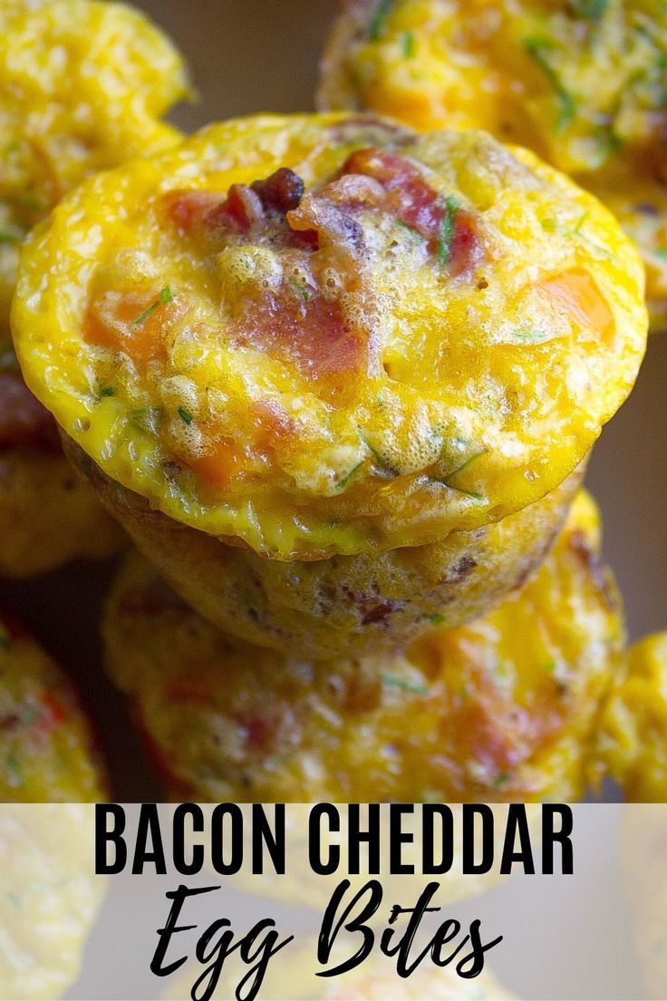 bacon cheddar egg bites stacked on top of each other with text overlay