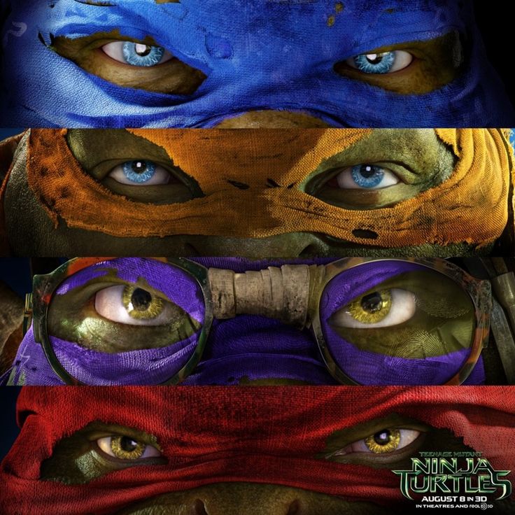 the teenage mutant movie poster is shown with two different colored eyes and their names on them