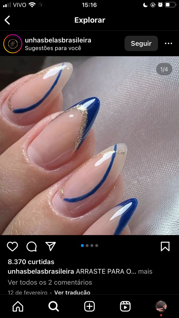 Gold French Tip Nails, French Tip Almond, Blue French Tip, Gold French Tip, Blue French Tips, Blue French, Tip Nails, Gold And Blue, French Tip Nails