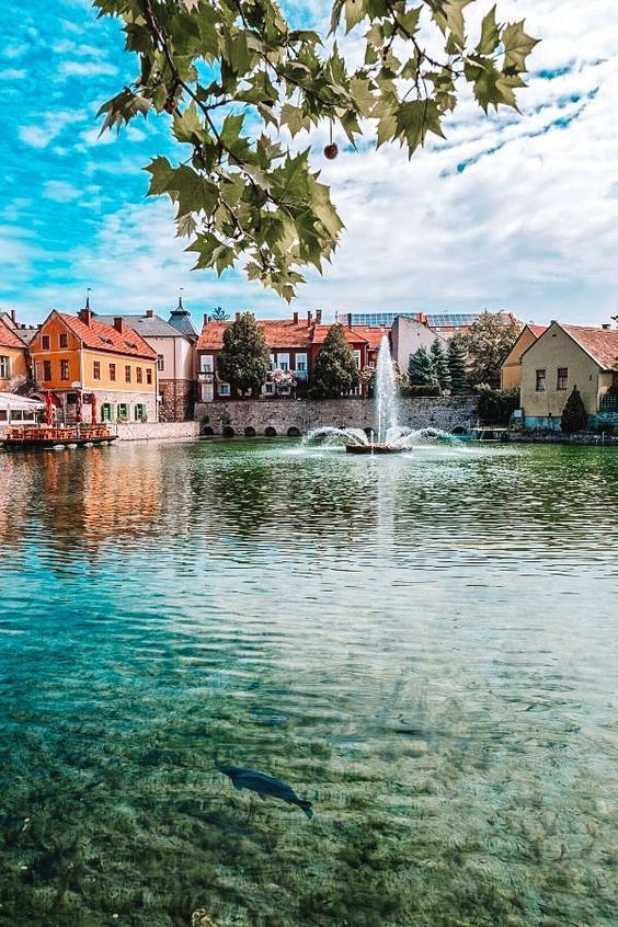 the water is crystal clear and there are many houses in the background with a fountain