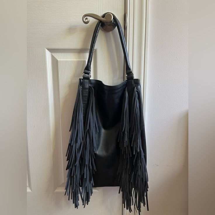 Black Shoulder Tote With Fringe, Inside Pocket, Deep In Size, Spacious, Nwot, Never Used Black Hobo Bag With Fringe For Daily Use, Black Fringe Bags, Black Fringe Purse, Elegant Black Shoulder Bag With Fringe, Black Fringe Shoulder Bag For Shopping, Shoulder Tote, Inside Pocket, Bag Lady, Purses And Bags