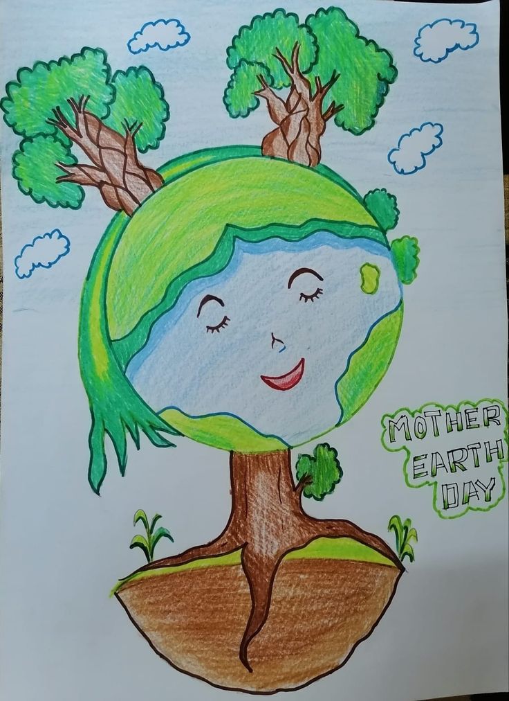 a drawing of the earth with trees on it and text mother earth day written below