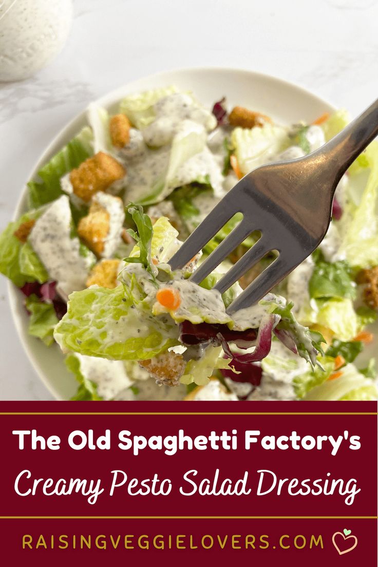 the old spaghetti factory's creamy pesto salad dressing is ready to be eaten