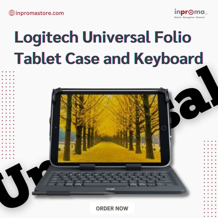 a laptop with the words logitech universal folo tablet case and keyboard on it